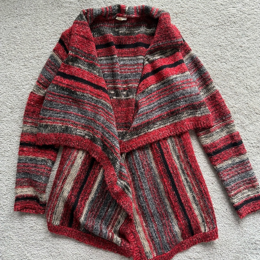 Striped Red and Gray Women's Knit Open Cardigan Sweater